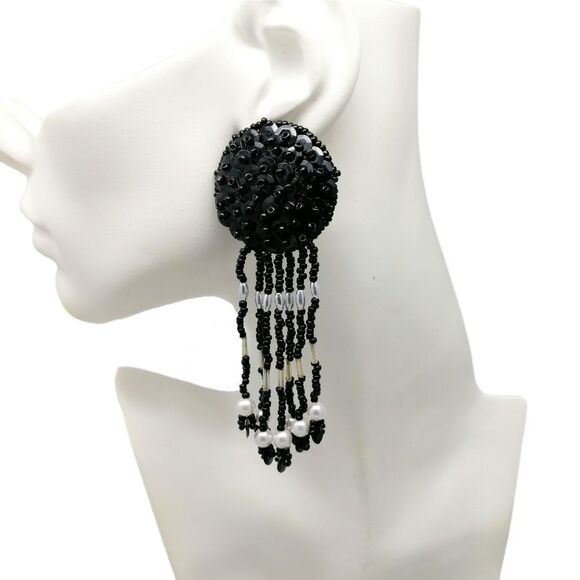 Vintage Black & Silver Sequin Beaded Fringe Clip-On Earrings | 4.42" | Circa 198 - Picture 2 of 7